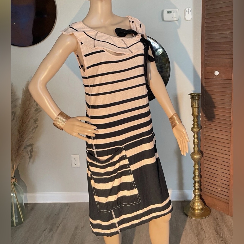Vintage Sonia Rykiel Cotton And Lin 2007 Iconic Strips Dress With Bow & Pockets